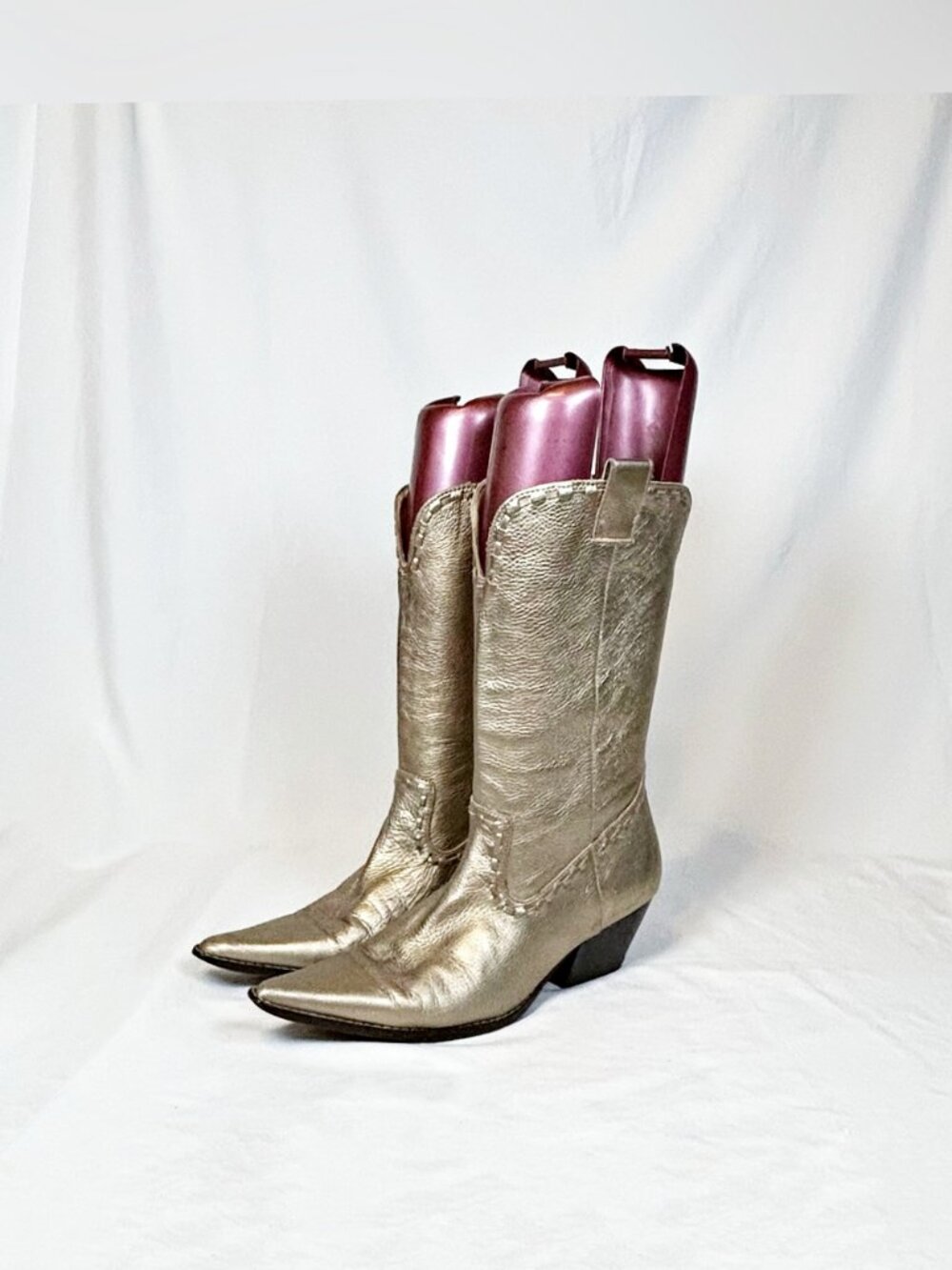 Michael Kors Metallic Gold Leather Pointy Toe Cowgirl Western Boots~8.5~